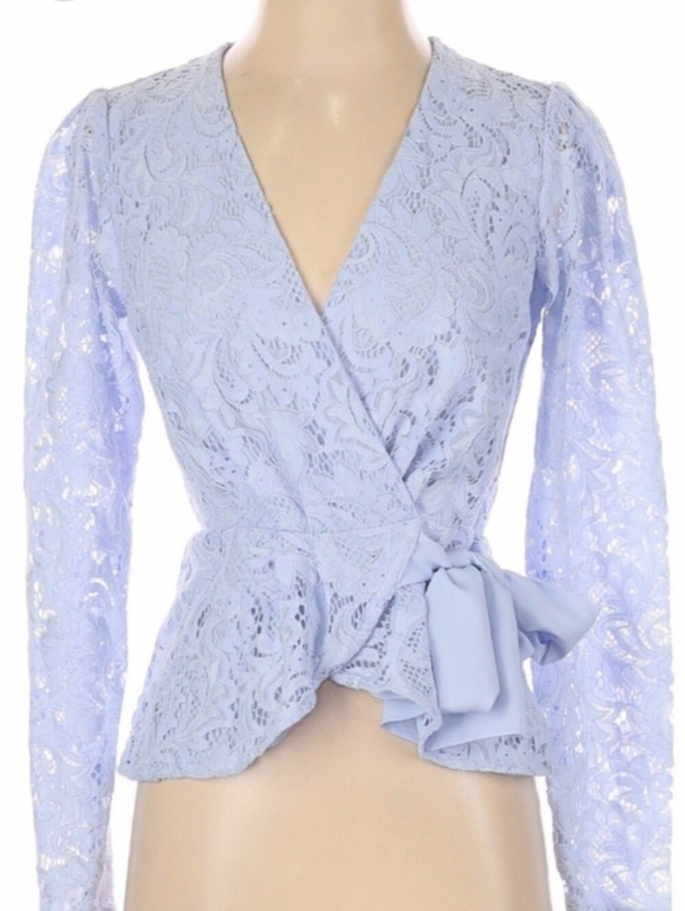 Express Periwinkle Blue Lace Wrap Peplum Bow Top Blouse NWT XL